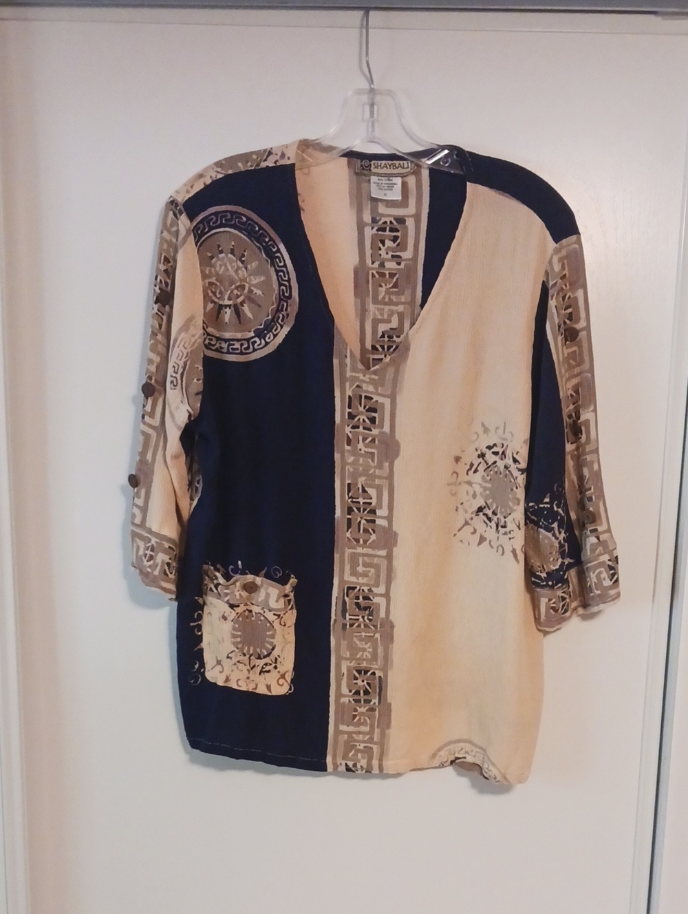 Two-Tone Navy and Beige Printed Blouse